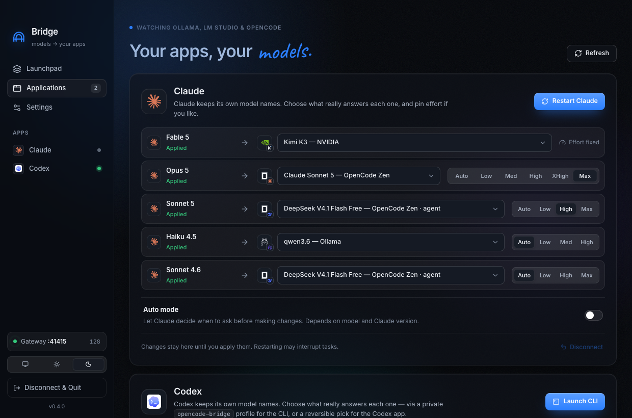 Applications page in dark theme