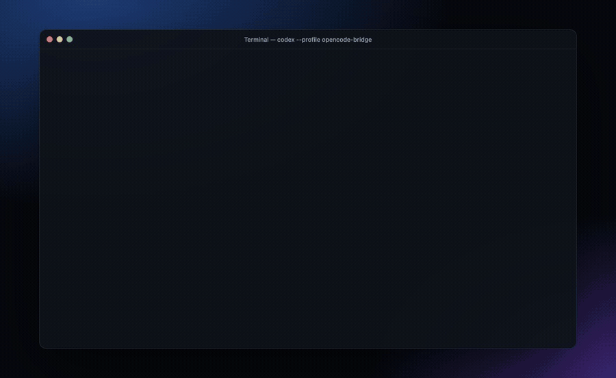 Codex runs wc -l and cat on app.py through OpenCode Bridge and summarises the Flask app