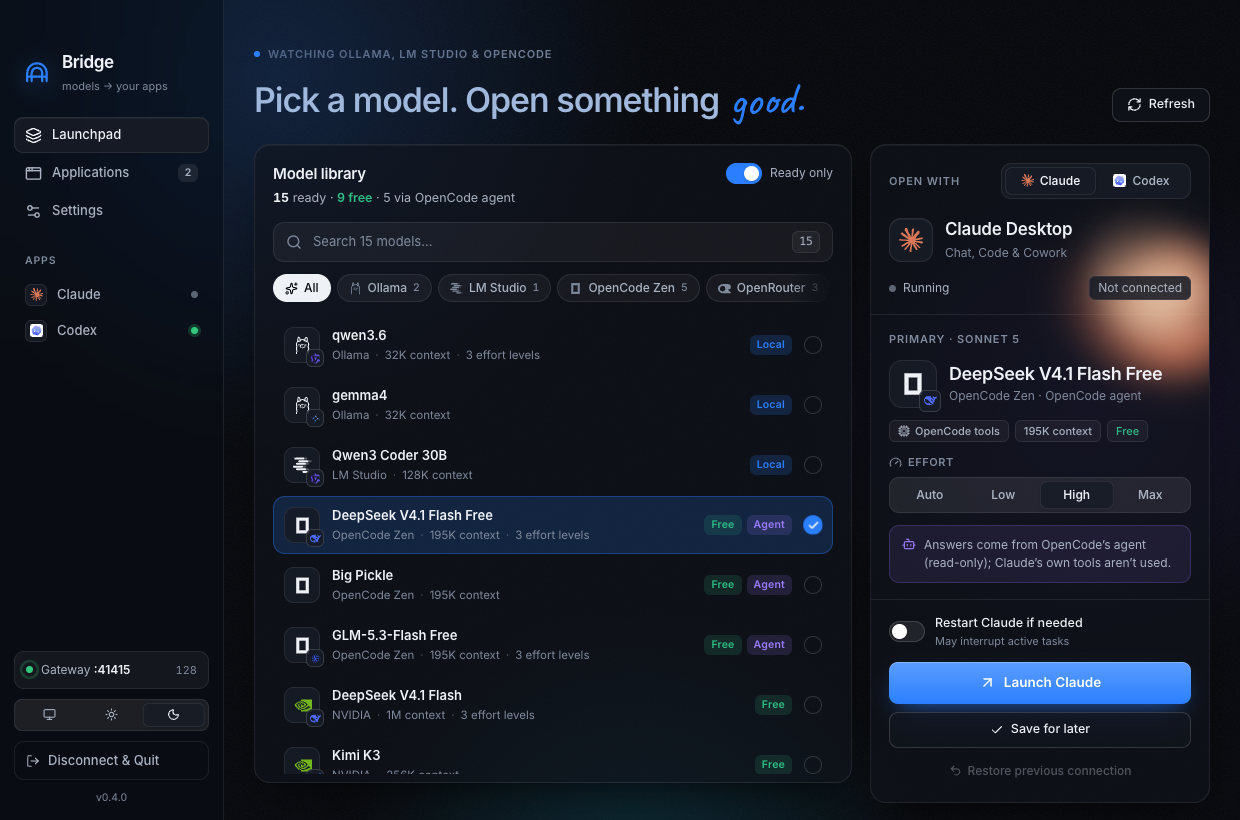 OpenCode Bridge launchpad with a model library and a Claude / Codex launcher